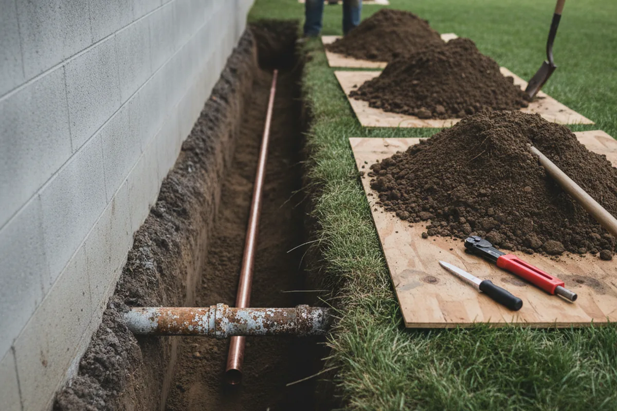 Excavated water line trench during Sewer Line Repair in Everett